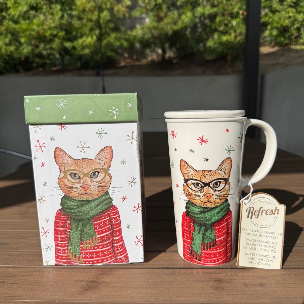 Cypress Home Refresh Holiday Cat Ceramic Travel Mug Tea Infuser Lid Box 12oz